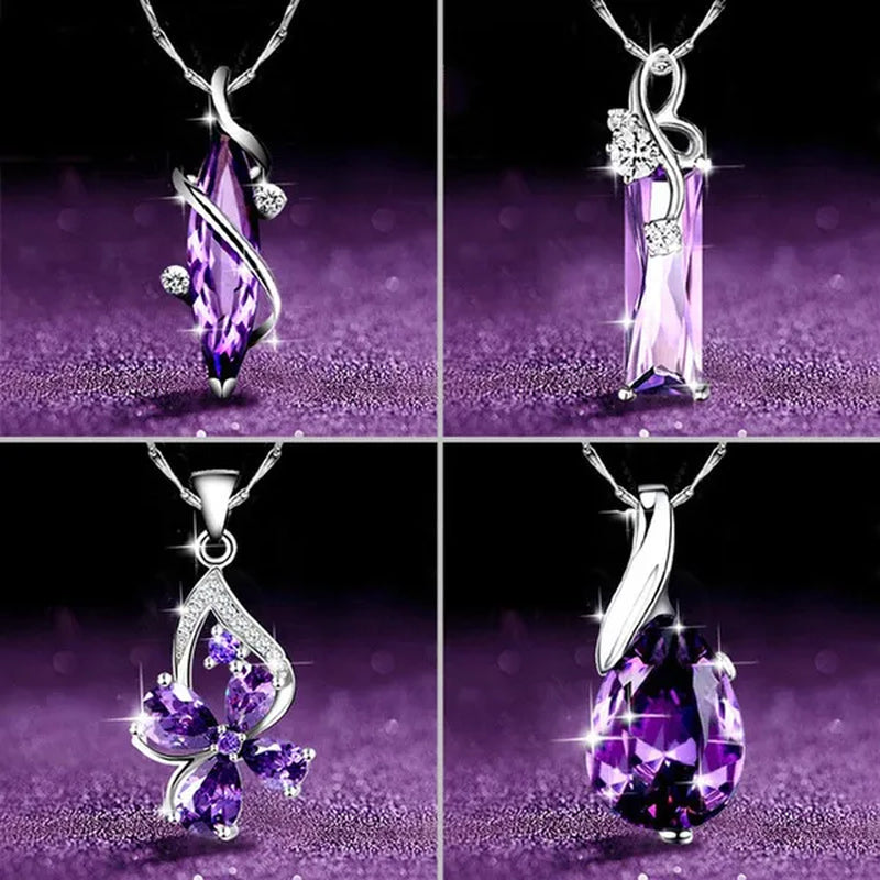 4 Styles High Quality New Arriving Women Charm Crystal Amethyst Diamond Pendant Necklace Exquisite Engagement Wedding Anniversary AAA Zircon Necklace Jewelry for Girlfriend Valentines Day Gifts