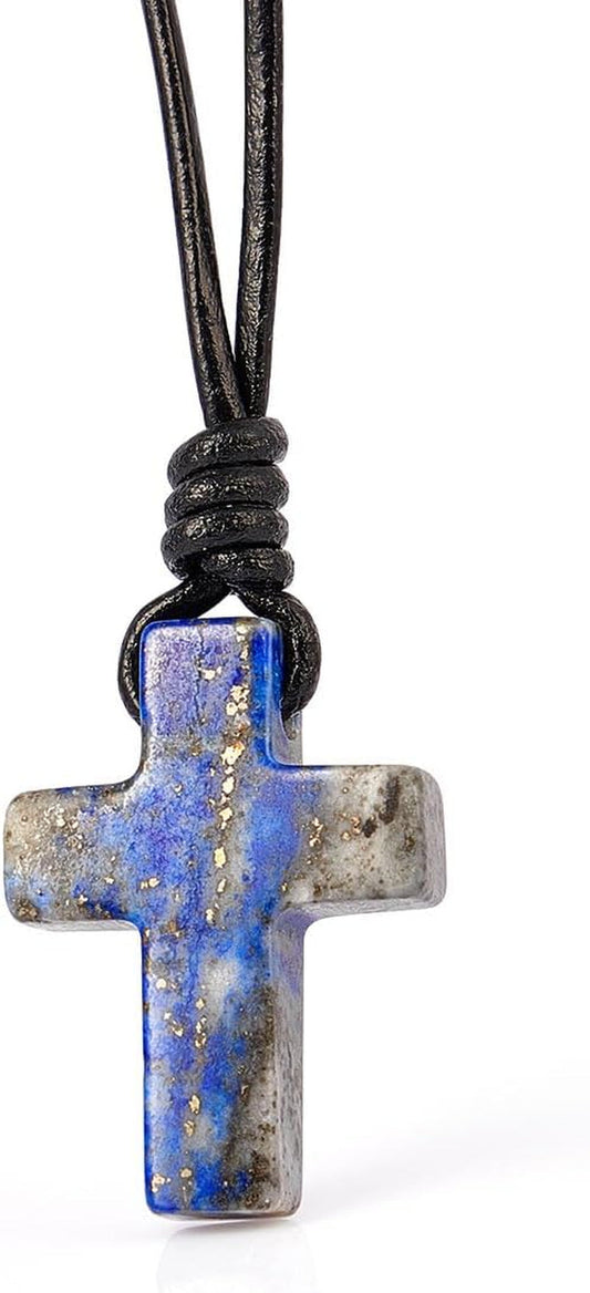Stone Cross Pendant Adjustable Leather Necklace Gift for Valentines Day