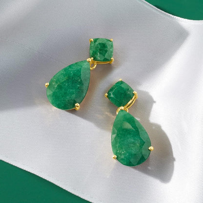 19.20 Ct. T.W. Emerald Drop Earrings in 18Kt Gold over Sterling