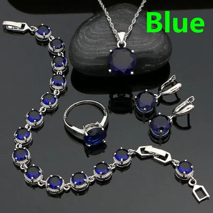 925 Sterling Silver Jewelry Set Olive Green Cubic Zirconia Retro Earrings Ring Pendant Necklace Bracelet 4Pcs for Bride