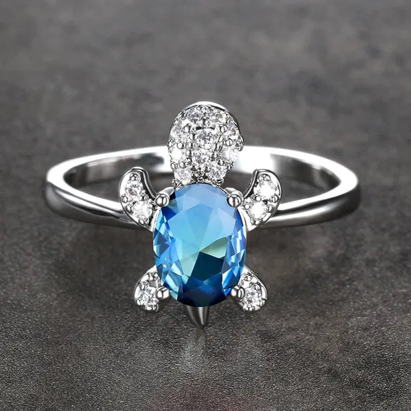 Rainbow Stone Turtle Rings Cute Animal Sea Turtle Ring White Sapphire Diamond Ring Ocean Style Turtle Aquamarine Crystals Rings for Women and Men Birthday Party Anniversary Gift Wedding Engagement Ring Jewelry 14 Colors Size 5-11