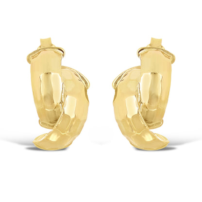 Italian 14K Yellow Gold Shiny Entwined Hammered Flat Quarter Hoop Stud Earrings