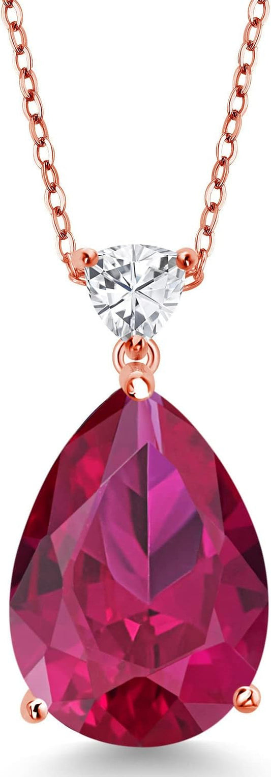 18K Rose Gold Plated Silver Pear Shape Red Created Ruby Pendant Necklace for Women 13.77 Cttw, with 18 Inch Chain)