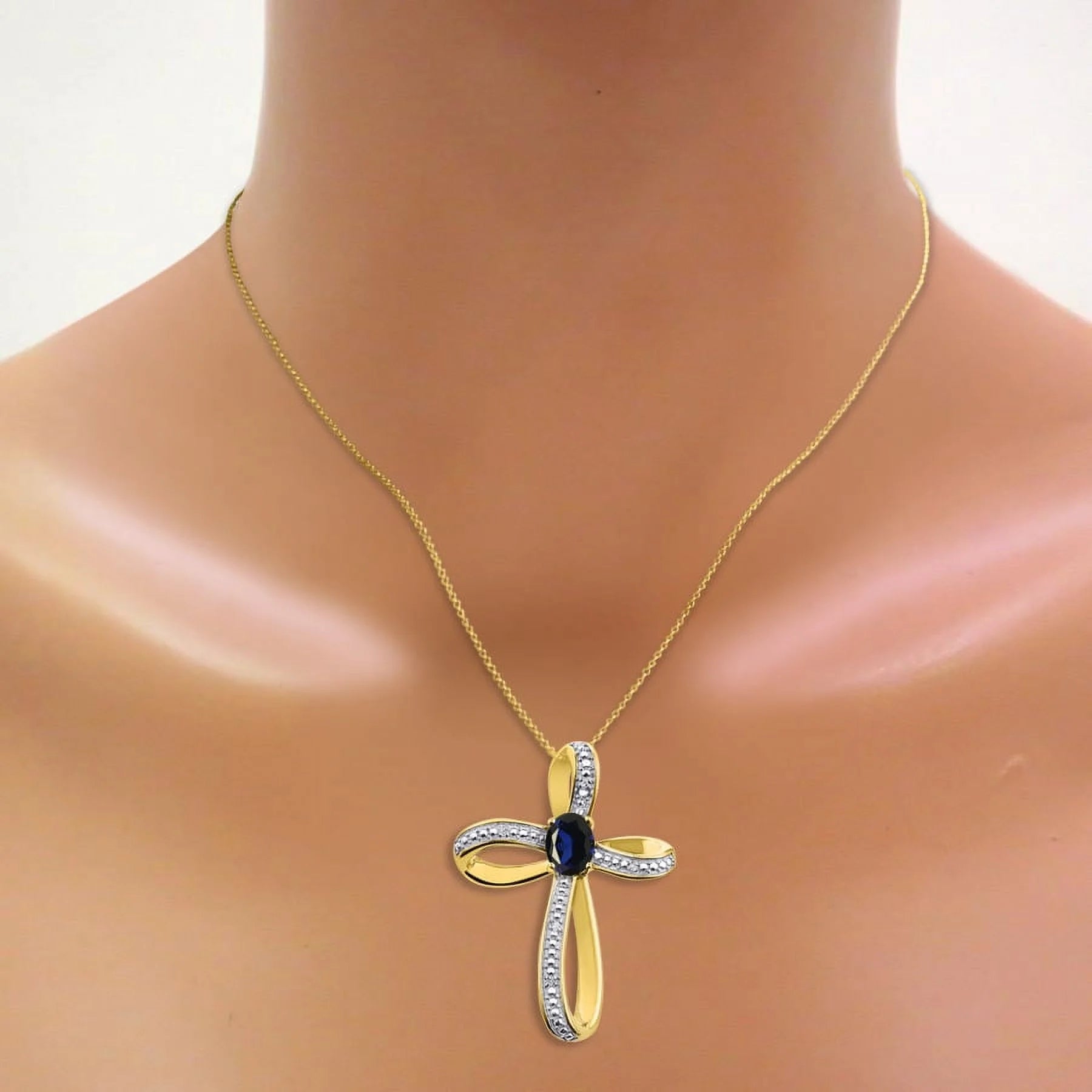 Diamond & Sapphire Cross Pendant Necklace Set in Yellow Gold Plated Silver .925 with 18" Chain
