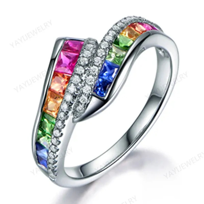 Princess  silver cut Ruby Emerald & Sapphire & Topaz & Ruby Multicolor Natural Gemstone Engagement Bride Ring Jewelry