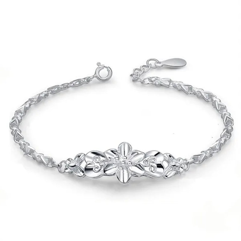 Fashion Beautiful 925 Sterling Silver Solid Flower Bracelet for Women Chain Charm Classic Wedding Jewelry Gift