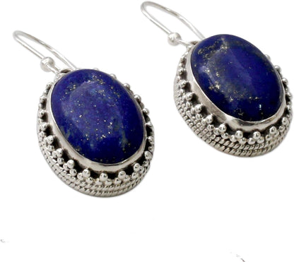 Artisan Handmade Lapis Lazuli Dangle Earrings Crafted .925 Sterling Silver Blue India Royal Classic Reflecting Pond Snorkel Happiness Birthstone 'Blue Mystique'