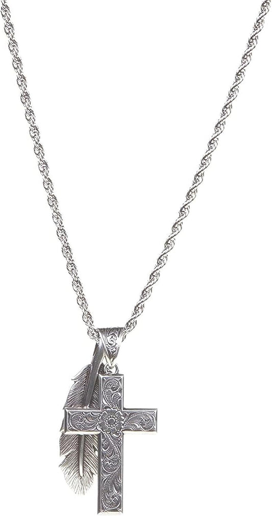 Twister Cross & Feather Necklace, Silver, 24” Chain