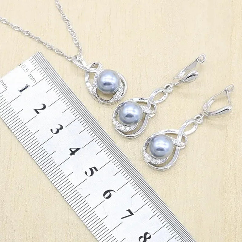 1/4Pcs Women Wedding Jewelry Set Gray Pearl Silver Color Bracelet Earring Necklace Pendant Ring Birthday Gift