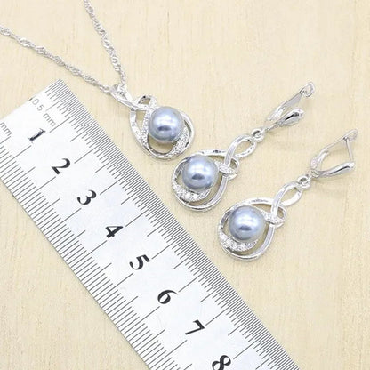 1/4Pcs Women Wedding Jewelry Set Gray Pearl Silver Color Bracelet Earring Necklace Pendant Ring Birthday Gift