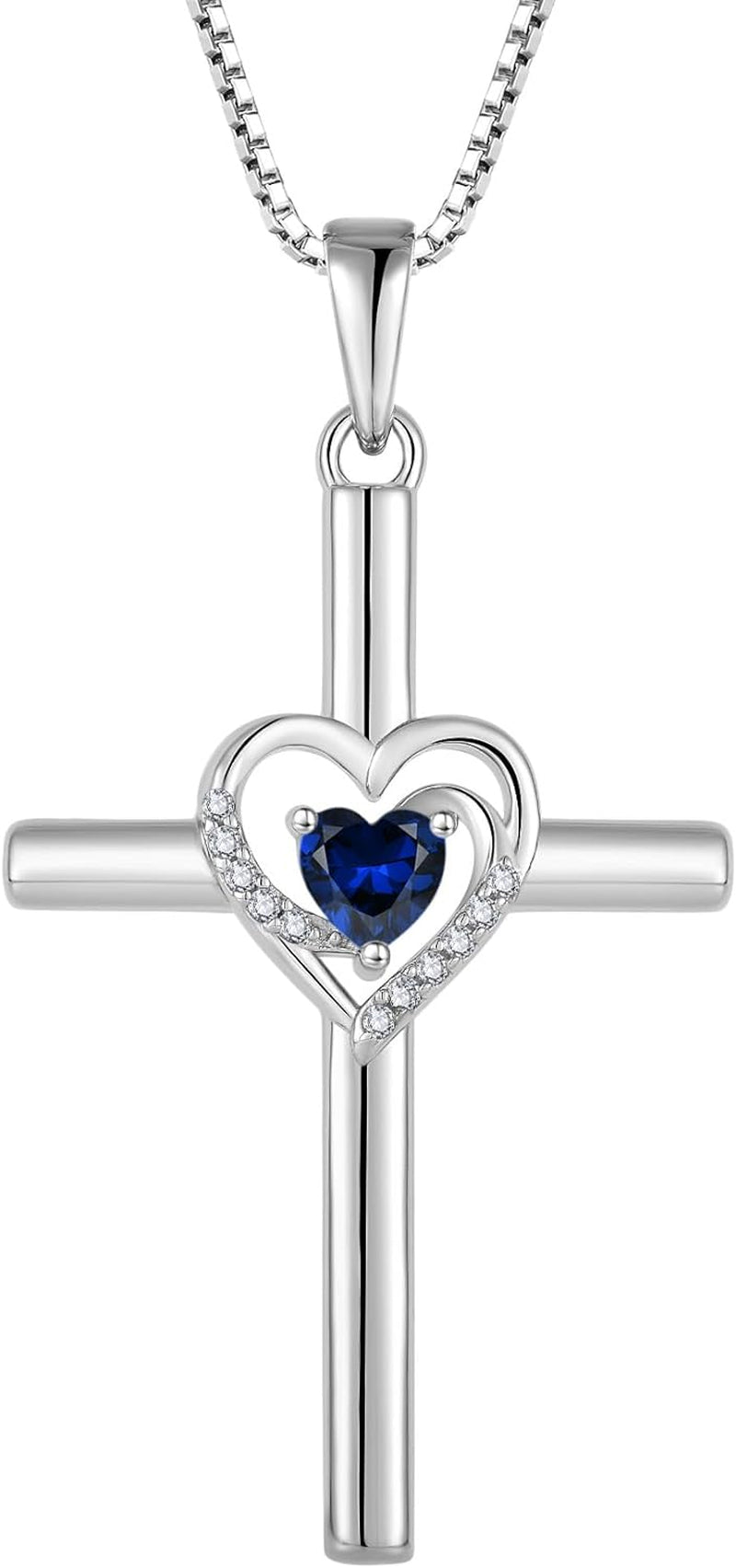 Cross Necklace for Women 925 Sterling Silver Heart Birthstone Pendant Necklace Crucifix Religious Gemstone Jewelry Gift for Women Her Mom Wife Girlfriend Daughter