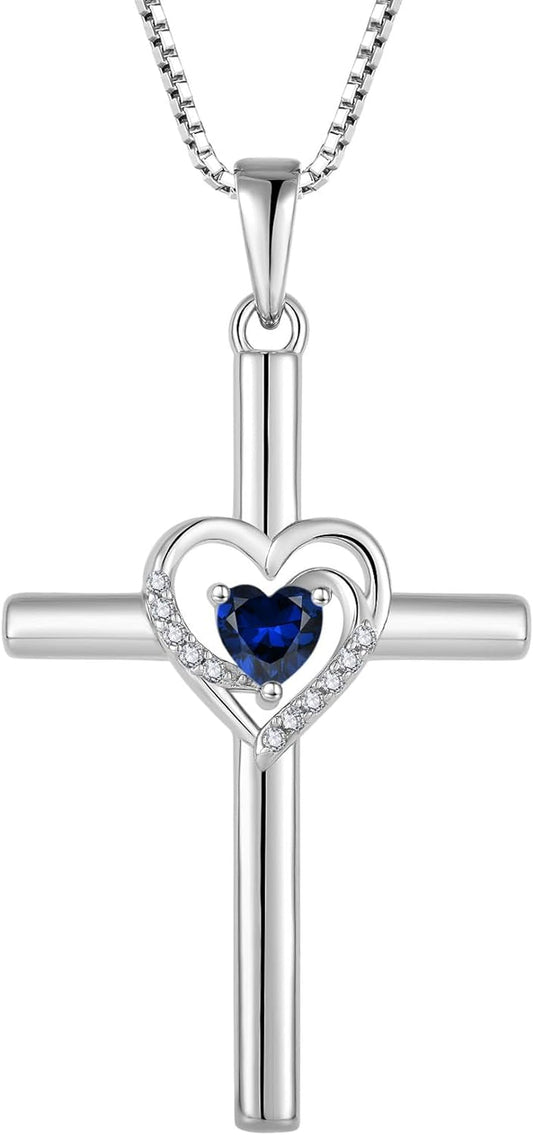 Cross Necklace for Women 925 Sterling Silver Heart Birthstone Pendant Necklace Crucifix Religious Gemstone Jewelry Gift for Women Her Mom Wife Girlfriend Daughter