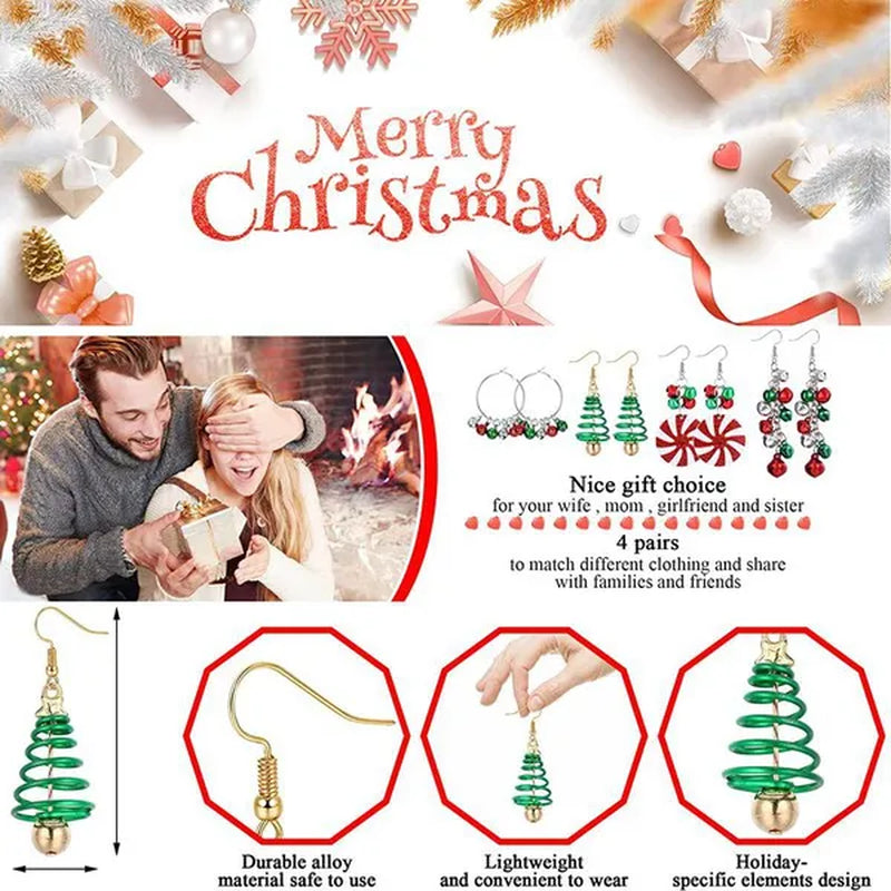 4 Pairs Christmas Earrings for Women Girls Christmas Bell Light Bulbs Hoop Earrings Christmas Tree Jingleball Snowflake Bow Flower Elk Dangle Earrings Christmas Party Jewelry Set Gift