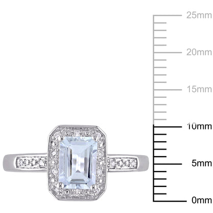 Women'S 1 Carat T.G.W. Emerald-Cut Aquamarine and Diamond Sterling Silver Cocktail Ring