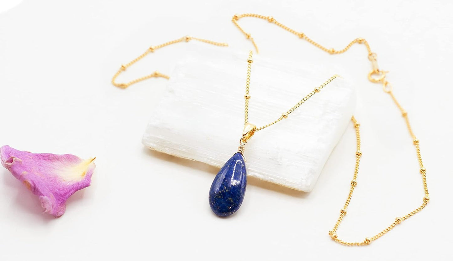 14K Gold-Filled Satellite Chain Necklace with a Smooth Lapis Lazuli Pendant, 18" for Men, Women, and Teens. Perfect for Special Occasions or Every Day Wear
