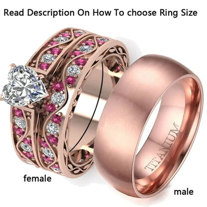 Two Rings Couple Rings Titanium Steel Band 10kt Rose Gold Filled Cocktail Heart Zircon Ruby Women's Wedding Ring Sets