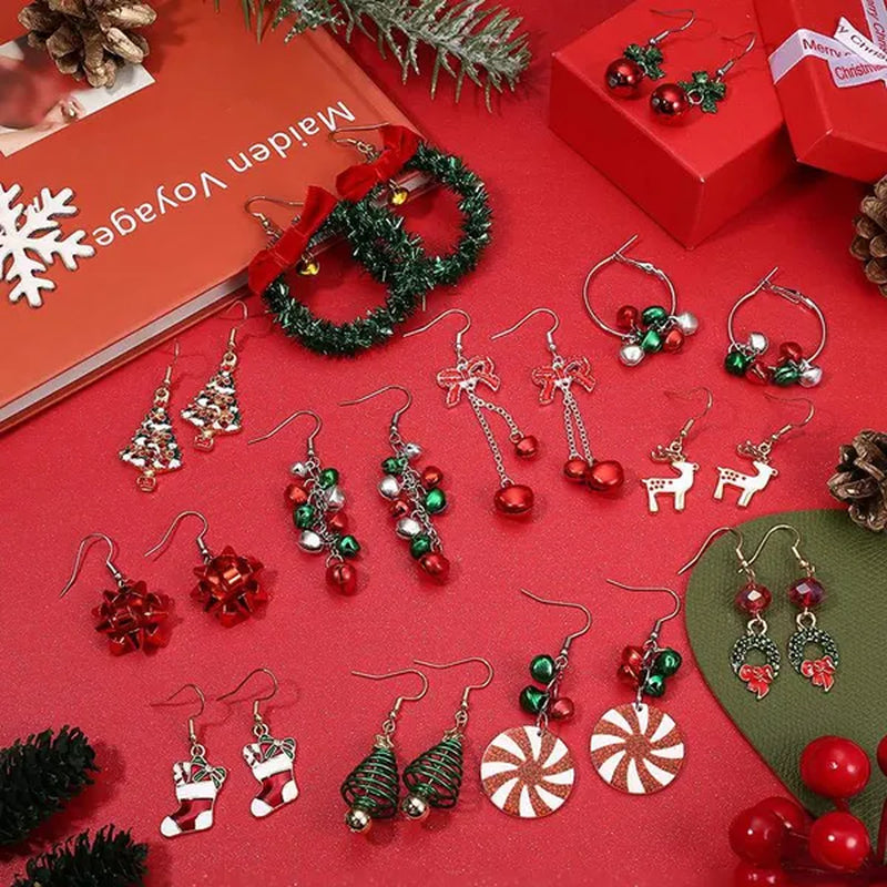 4 Pairs Christmas Earrings for Women Girls Christmas Bell Light Bulbs Hoop Earrings Christmas Tree Jingleball Snowflake Bow Flower Elk Dangle Earrings Christmas Party Jewelry Set Gift