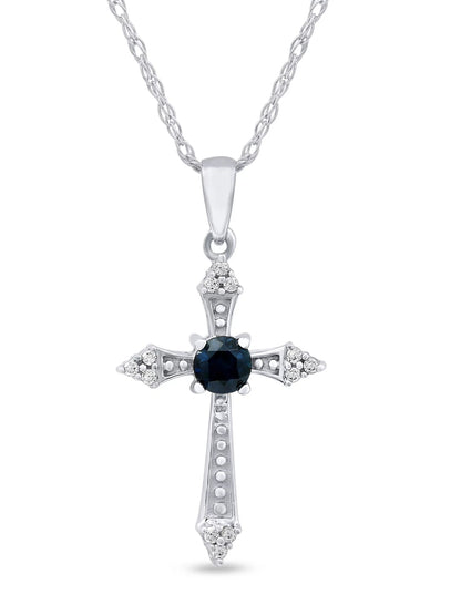 Gemstone 10K White Gold round Cut Blue Sapphire Diamond Accent Cross Necklace