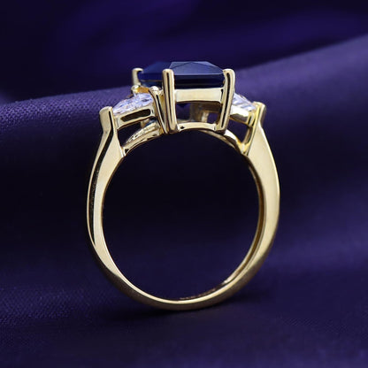 14K Gold Plated 925 Sterling Silver Emerald Cut Blue Sapphire with Trillion White Topaz Ring for Women Statement Jewelry, Gift for Her