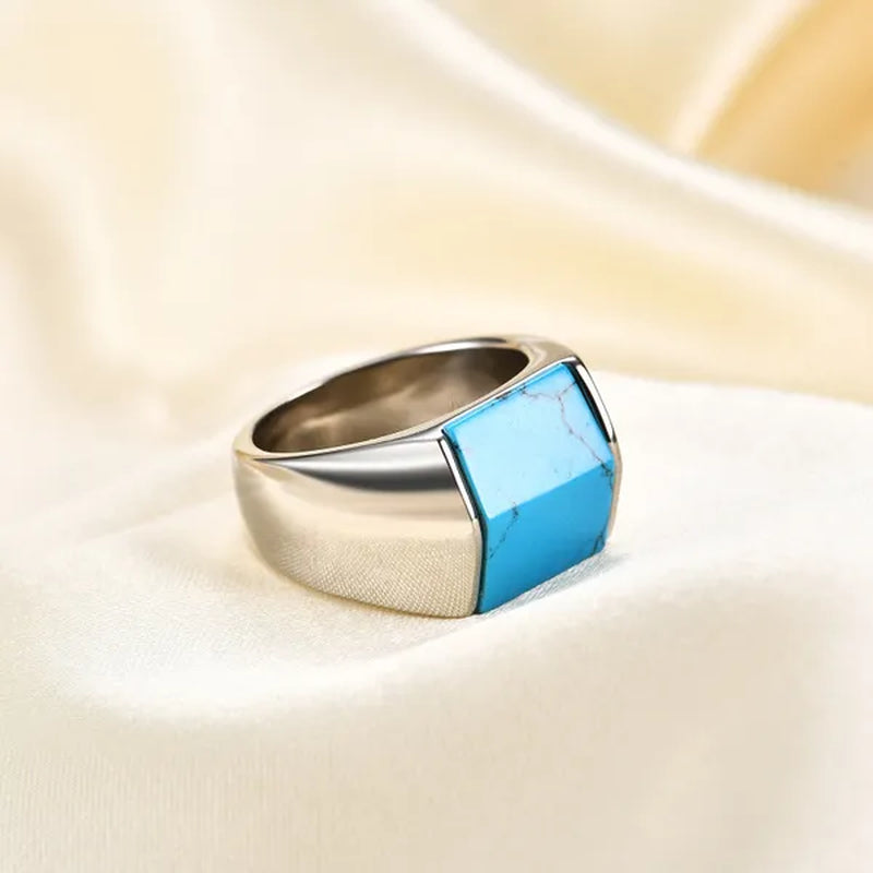 Vintage Men's Single Turquoise Ring Stainless Steel Personality Roof Shaped Gemstone Rings jewelry Gift for Business Elite Boyfriend Dad