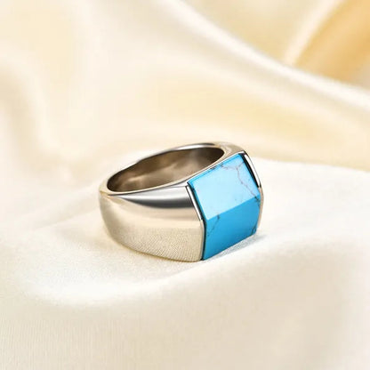 Vintage Men's Single Turquoise Ring Stainless Steel Personality Roof Shaped Gemstone Rings jewelry Gift for Business Elite Boyfriend Dad