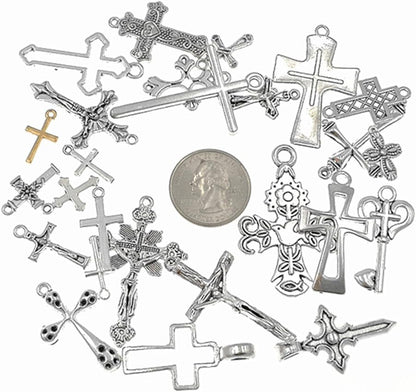 Christian Cross Charm Assorted Alloy Crucifix Pendant Connector for DIY Necklace Bracelet Jewelry Making Accessaries(25Pcs,Antique Silver)