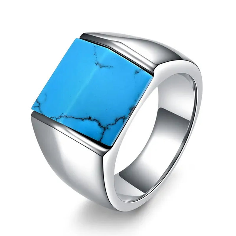 Vintage Men's Single Turquoise Ring Stainless Steel Personality Roof Shaped Gemstone Rings jewelry Gift for Business Elite Boyfriend Dad