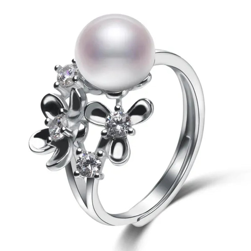 Flower 925 Sterling Silver White Natural Freshwater Cultured Pearl Ring for Women'S Fine Jewelry