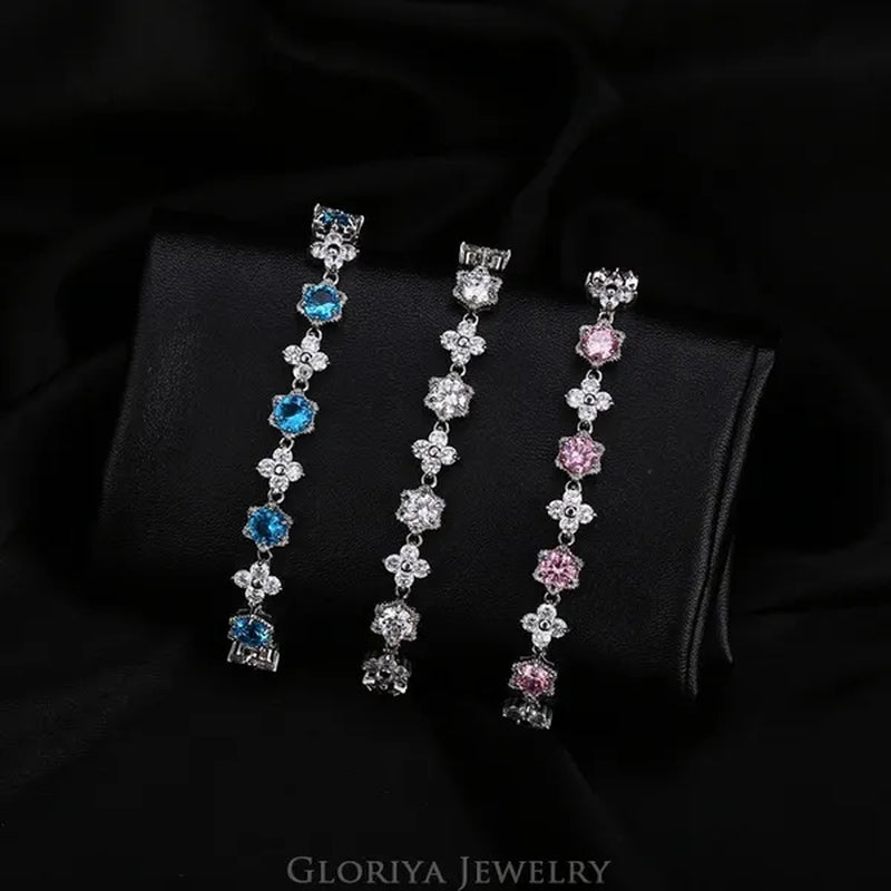 Gloriya Elegant Goddess Silver Plated Link Bracelet Cluster Flower Shape White and Blue AAA Grade Zircon Charm Tennis Bracelet for Women