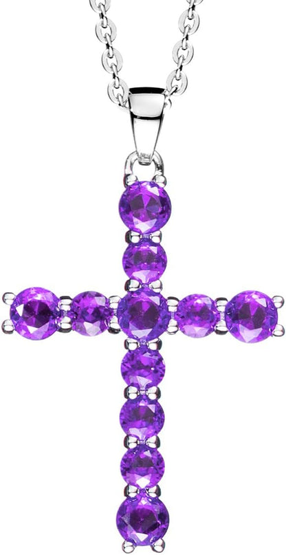 Gemstone Cross Necklace 925 Sterling Silver Created Birthstone Cross Prong Pendant Necklace Faithful Gift Ideas Fine Jewelry for Her Girlfriend Women Girls, 16" + 2" Extender