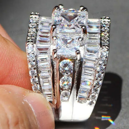 Luxury Silver White Sapphire Flower Ring Natural Gemstones Birthstone Engagement Rings Wedding Anniversary Bride Women Man Princess Cross Ring Size 6 7 8 9 10
