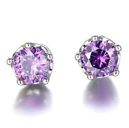Women Fashion Jewelry 925 Sterling Silver Amethyst Diamond Studs Earrings