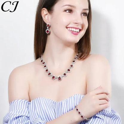 CANDICE Elegant Red Wedding Jewelry Set Micro CZ Stone Paved Oval Crystal Drop Earrings Bracelet and Necklace Sets for Bride