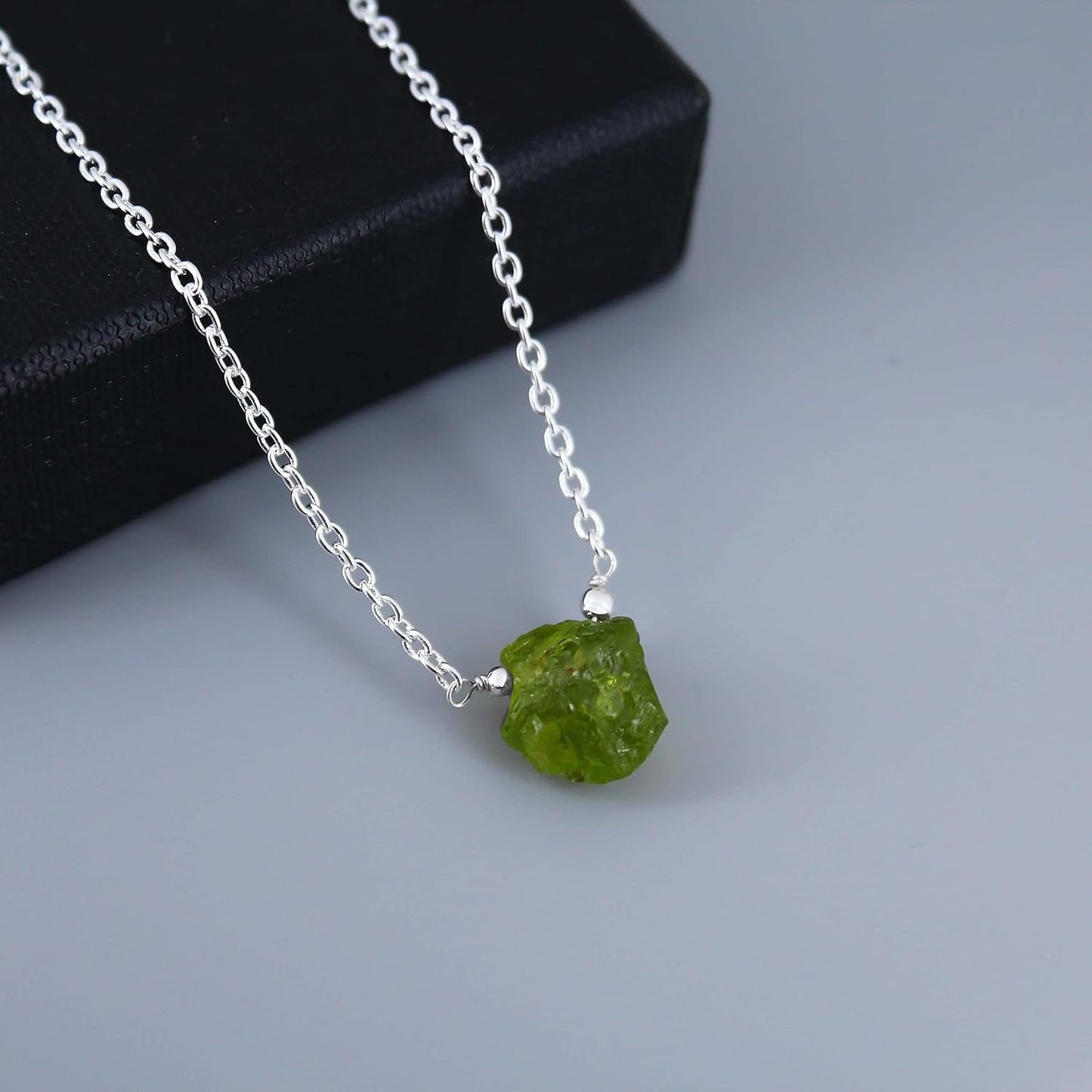 Gempires Raw Peridot Pendant Necklace, Peridot Crystal Pendant 10-14 Mm, August Birthstone Jewelry for Women, 16 + 2 Inch Silver Plated Adjustable Chain