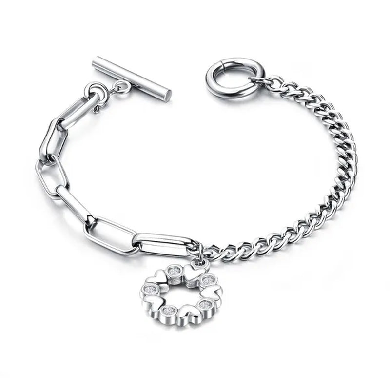 Stainless Steel CZ Bracelet Silver Rose Gold Color Love Heart Pattern Decorating Chain Bracelets
