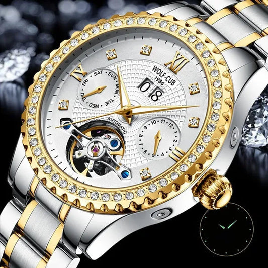 WOLF-CUB New Men Luxury Diamond Watch Full Gold Watch Tourbillon Mechanical Watch Automatic Watch Stainless Steel Waterproof Luminous Relogio Masculinos