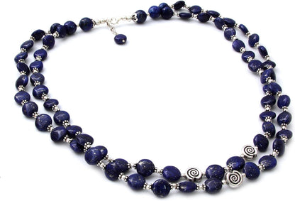 Artisan Handmade Lapis Lazuli Strand Necklace Sterling Silver Blue Beaded India Royal Reflecting Pond Birthstone [22 in L X 0.8 in W Extender 0.8 in L] ' Midnight Breeze'