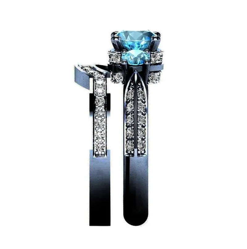 Sz6-12 His and Hers Couple Rings Wedding Engagement Rings Set Women's Aquamarine Black Gold Ring and Men's Titanium Steel Ring Jewelry