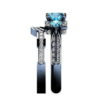 Sz6-12 His and Hers Couple Rings Wedding Engagement Rings Set Women's Aquamarine Black Gold Ring and Men's Titanium Steel Ring Jewelry