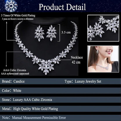 CANDICE High Quality White Gold Plated Wedding Jewelry Set Pave Luxury CZ Stone African Nigerian Big Flower Dangle Earrings Necklace for Bride