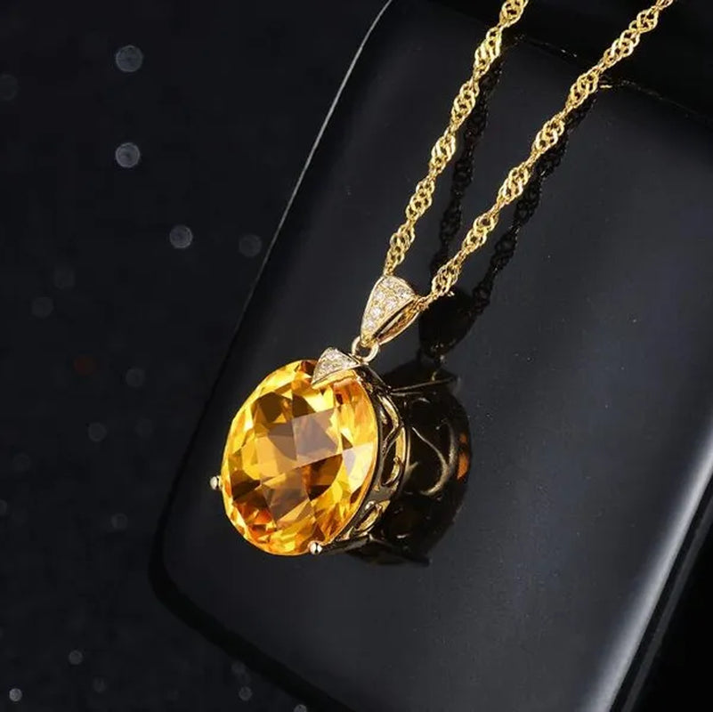 Big citrine gemstones yellow crystal pendant necklace for women diamonds gold color choker birthday gift luxury jewelry