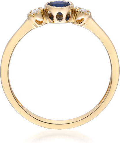 Gin and Grace 10K Yellow Gold Genuine Blue Sapphire Ring with Diamonds|Ethically, Authentically & Organically Sourced (Round-Cut) Shaped Sapphire Hand-Crafted Jewelry for Her | Sapphire Ring for Women Holiday Gifts