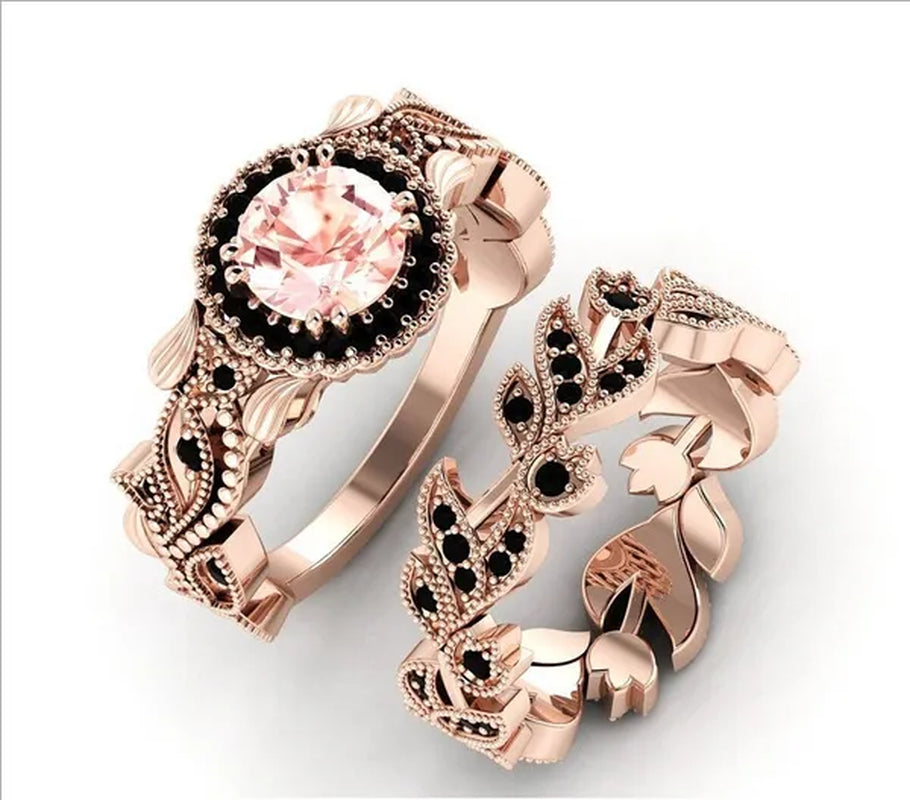 2 Pieces/Set of Exquisite Fashion Ideas 14K Rose Gold Ring Black Diamond Ring Flower Vine Ladies Ring Jewelry Promise Wedding Ring Princess Proposal Ring Anniversary Gift (Size: 5-11)