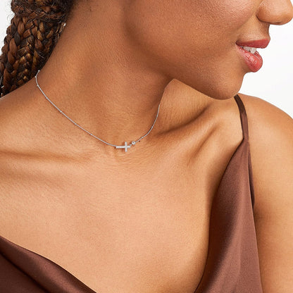.925 Sterling Silver Rhodium Plated Cubic Zirconia Sideways Cross Sterling Silver Necklace for Women - Faith Dainty Jewelry Choker Cross Necklace for Women, Adjustable Chain 16 Inch