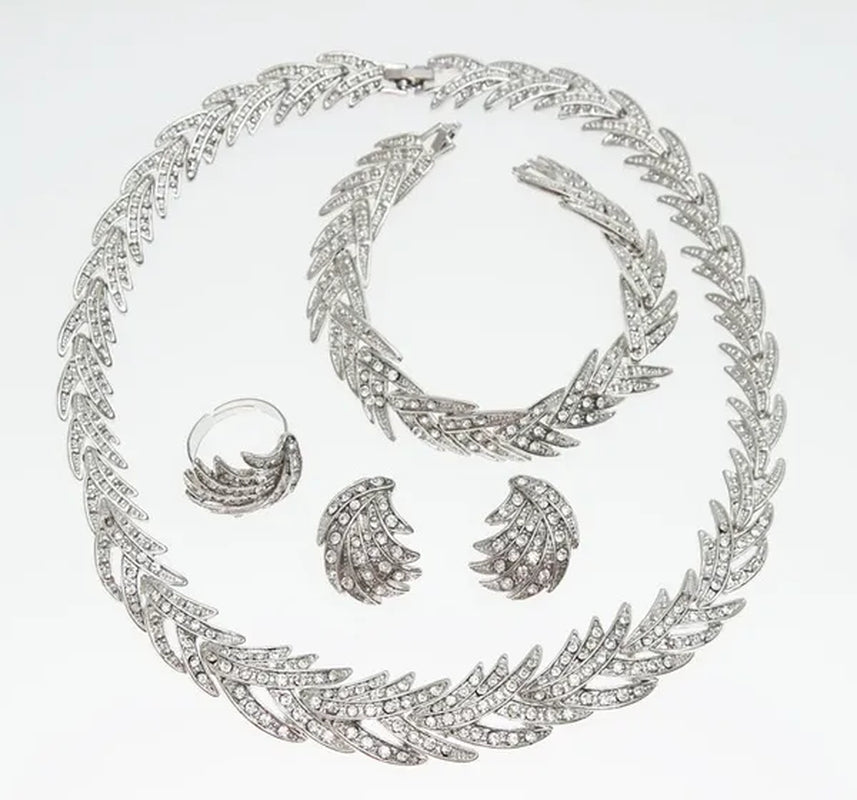 Leaves Shape Silver Plated Clear Crystal Jewelry Sets