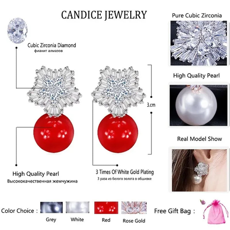 CANDICE Unique Rose Gold Plated Clear Cubic Zircon Snowflake Stud Earring with White Big Shell Pearl Brincos for Woman Christmas Gift