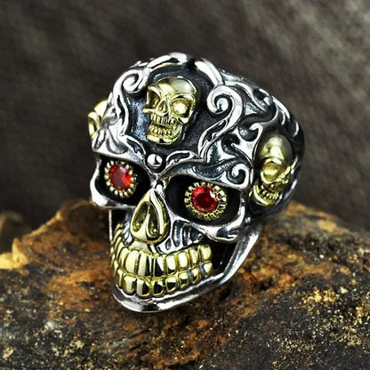 Vintage Fashion Punk Personality Two-Tone Stainless Steel Skull Ring Retro Ruby Inlay Men'S Punk Jewelry Size 7-14