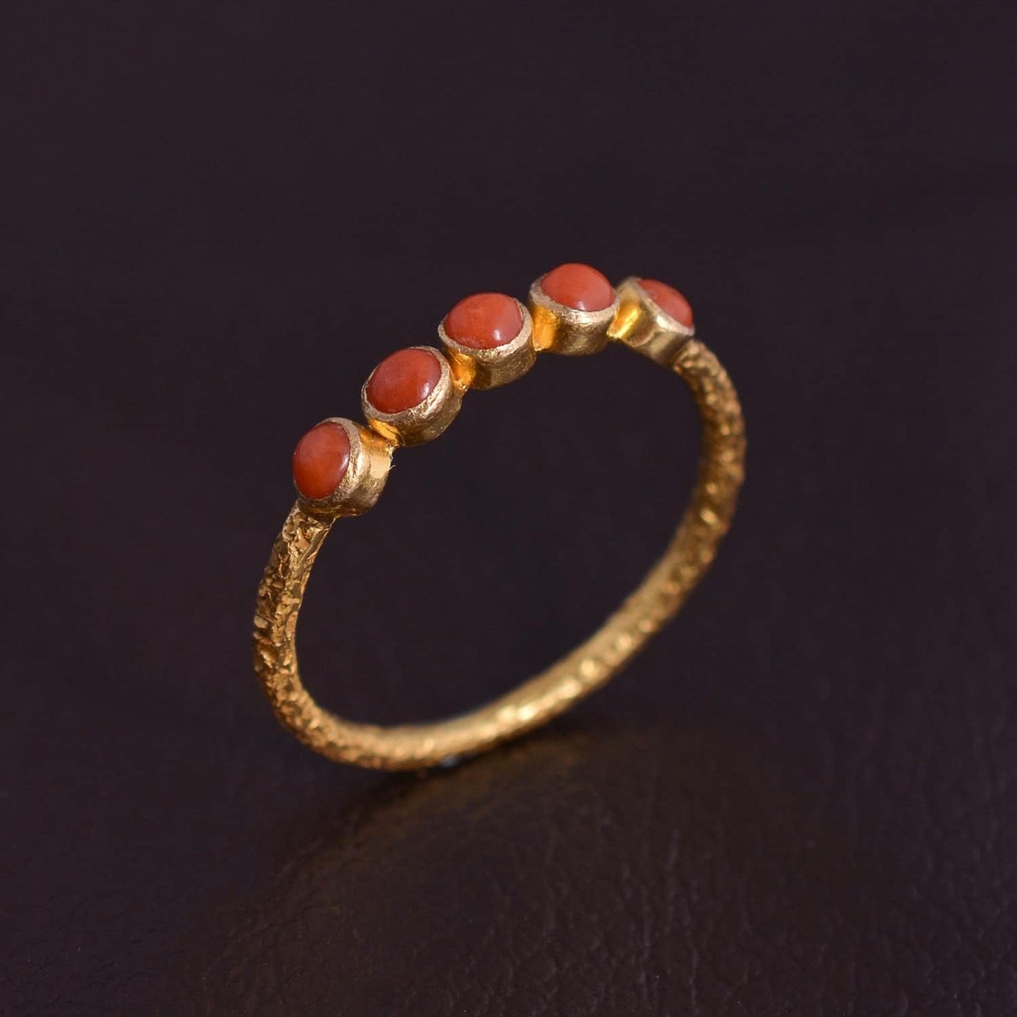 18K Textured Yellow Gold Cabochon Ring for Women Real Gemstone Designer Fine Rings for Women, Gift for Her