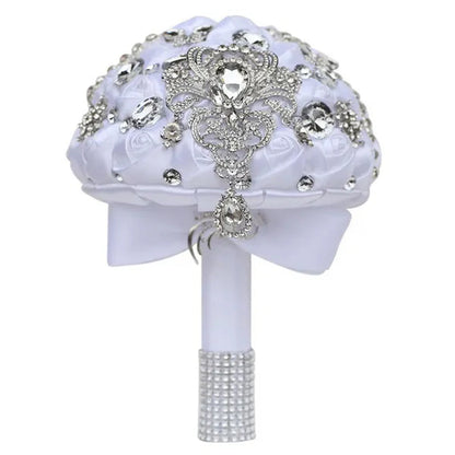 Shiny Luxury Rhinestone Brooch Pendant Wedding Bouquet 21CM Silk Rose Flower Diamond Bridal Bouquet Handmade Bridesmaid Holding Flowers