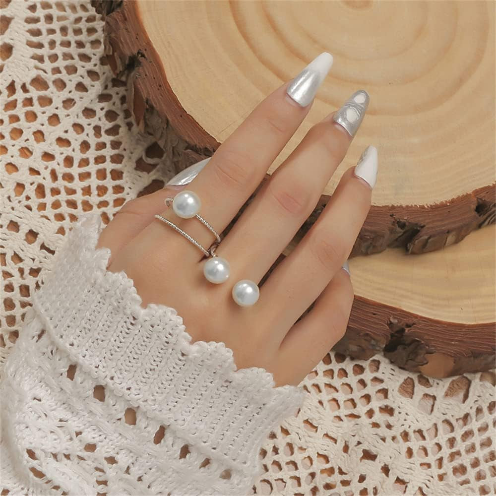 2Pcs Shell Pearl Adjustable Wedding Statement Rings for Women Girls Silver Plated Expandable Twisted Layered Open Wrap Rings Comfort Fit Fashion Delicate Birthday Christmas Party Jewelry Gifts